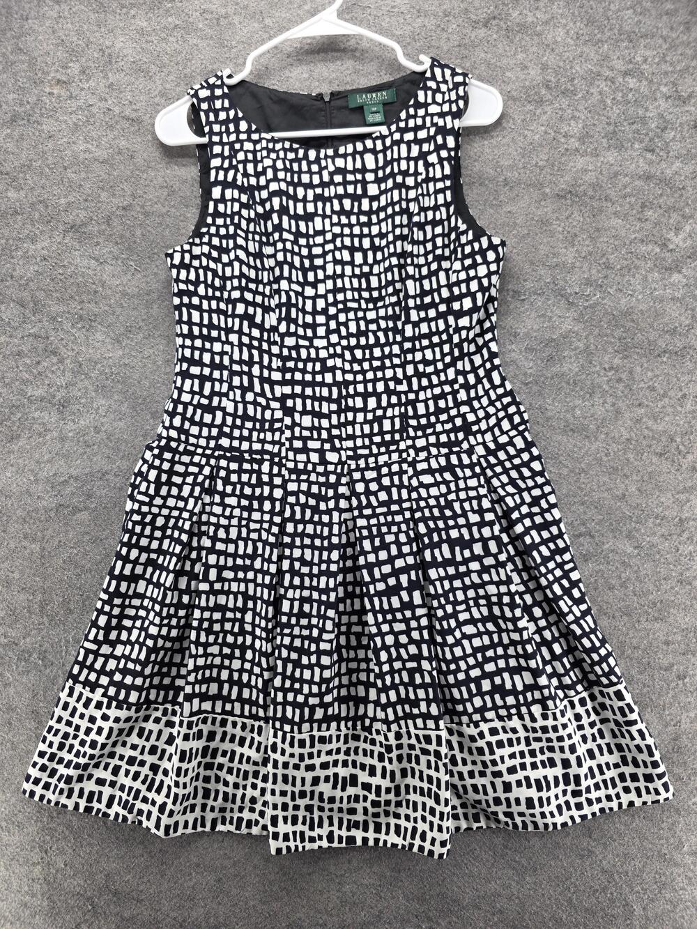 Lauren Ralph Lauren Dress Womens 10 Petite Black Fit & Flare Geometric Lined